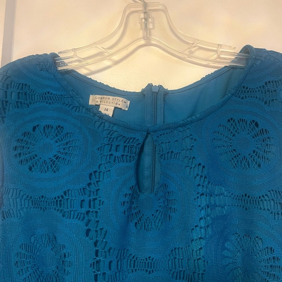 London Style Collection Turquoise circle Lace Overlay Sleeveless Dress sz14 - Picture 10 of 16